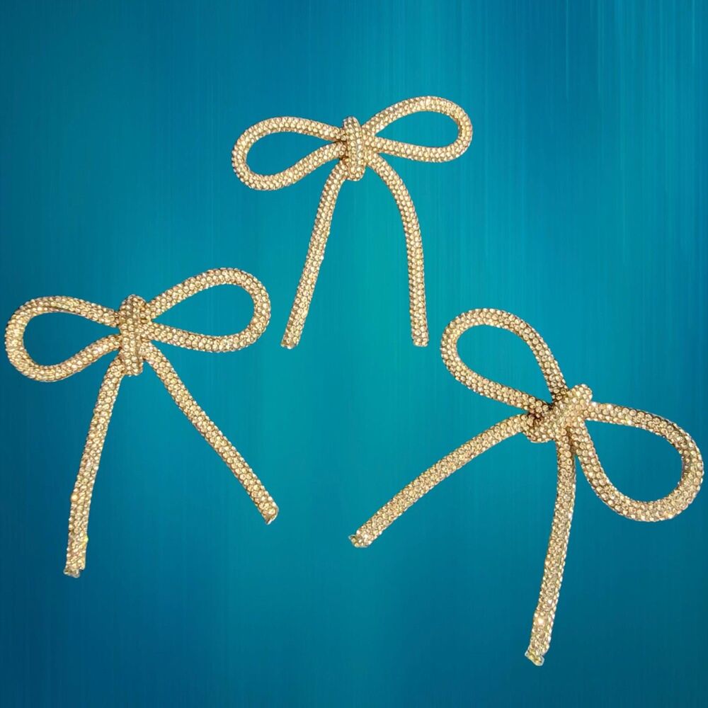 Set of 3 Metal Gold Crystal Holiday Bows Ornaments